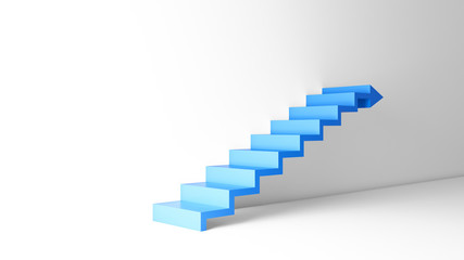 Rising arrow graph on staircase isolated on white background in empty room. Business concept. 3d illustration.