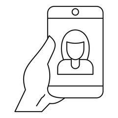 Poster - woman take selfie smartphone icon. outline woman take selfie smartphone vector icon for web design i