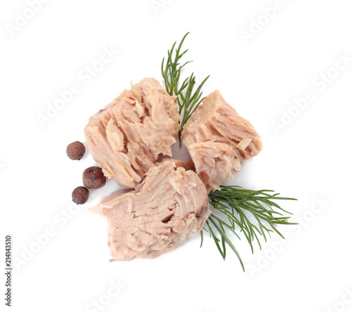 Fotomural Delicious canned tuna chunks on white background, top view