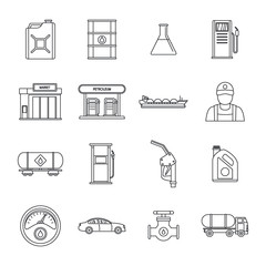 Sticker - Petrol station gas fuel shop icons set. Outline illustration of 16 petrol station gas fuel shop vector icons for web