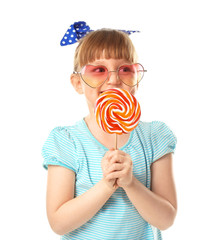 Poster - Cute little girl with lollipop on white background