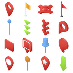 Poster - map pointer pin arrow compass icons set. isometric illustration of 16 map pointer pin arrow compass 