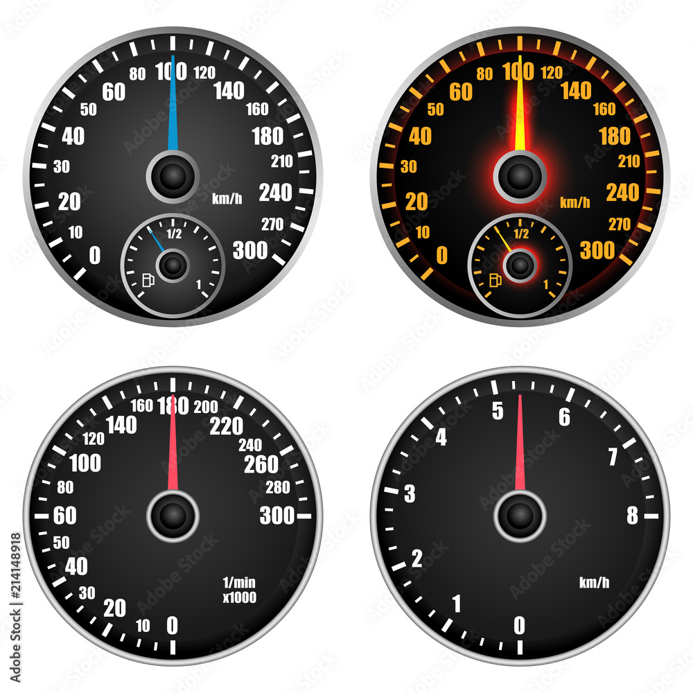 Speedometer level indicator mockup set. Realistic illustration of 4 ...