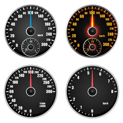 Poster - speedometer level indicator mockup set. realistic illustration of 4 speedometer level indicator mock