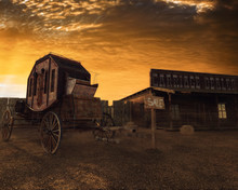 Old West 3D Illustration, Carriage And House At Sunset