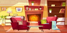 Living Room Interior Vector Illustration Of Cozy Modern Or Retro Apartments And Furniture. Cartoon Background Of Armchairs At Fireplace, Table And Bookshelf With Lamp On Drawer