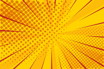 Pop art retro comic. Yellow background superhero. Lightning blast halftone dots. Cartoon vs. Vector