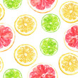 Hand drawn watercolor lemon, lime and grapefruit cut slice repeating pattern, seamless background. Citrus fruits food illustration.
