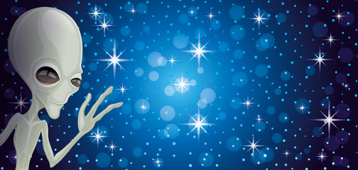 Wall Mural - Cute green alien extraterrestrial on a blue background.