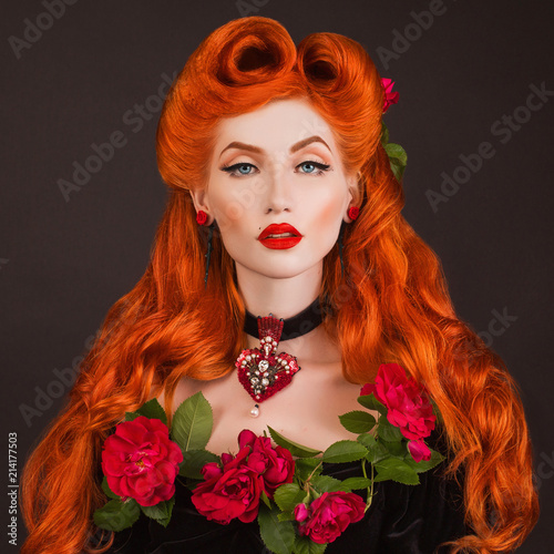 Gothic Queen With Red Lips With Stylish Hairstyle In Studio