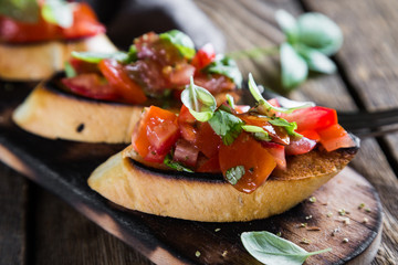 Canvas Print - Bruschetta with tomato and fresh basil