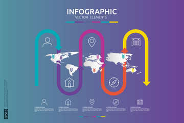 Poster - 5 steps business infographic. timeline design template with arrow element and world map pin background concept with options. For content, diagram, flowchart, steps, parts, workflow layout, chart
