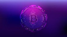 Cyberpunk Bitcoin Futuristic Sci-Fi Technology Cryptocurrency Textured Coin Hi-Tech Illustration. Isolated On Purple Mesh Background	