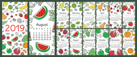 Wall Mural - Calendar 2019. Vector English calender template. Fruits, berries. Lemon, kiwi, banana, pear, cherry, strawberry, raspberry, watermelon, grapes, apple. Hand drawn design. Doodle sketch. Sunday