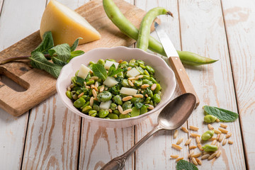 Sticker - sheep cheese with broad beans pine nuts and mint leaf