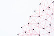 Connecting networks concept - network connected with yarn red on white paper with copy space. Simulator connection social media, internet, people communication, Linking entities