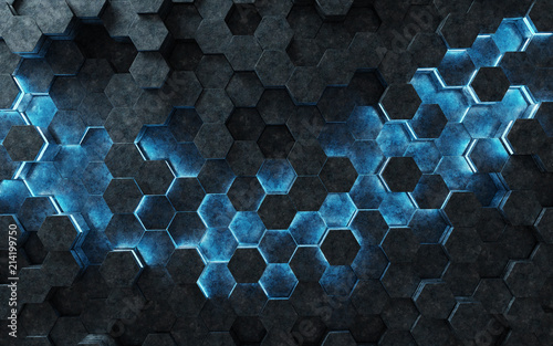 Black and blue hexagons background pattern 3D rendering