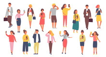 Man And Woman Characters With Mobile Phones. Crowd Of People Holding Smartphones. Vector Illustration