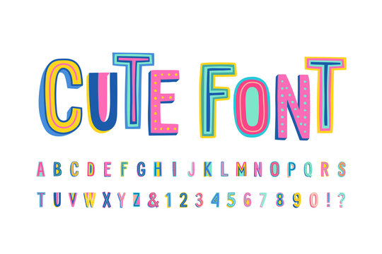 Fototapete - Uppercase cute alphabet font. Letters, numbers and symbols. Vector