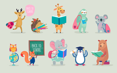 Poster - Back to school Animals hand drawn style, education theme. Cute characters. Bear, sloth, penguin, elephant, and others.