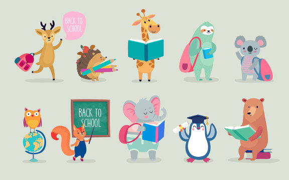 Fototapete - Back to school Animals hand drawn style, education theme. Cute characters. Bear, sloth, penguin, elephant, and others.