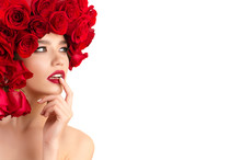 Beautiful Fashion Young Girl With Red Roses On Head 