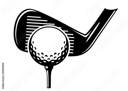 Cuadros en Lienzo Golfball auf Tee mit Eisen beim Abschlag / schwarz-weiß / Vektor / Icon