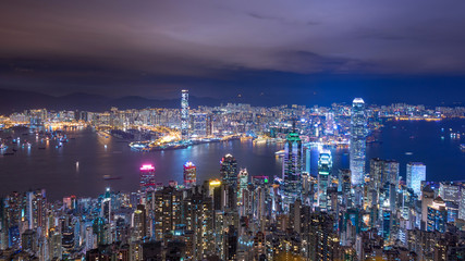 Hong Kong city skyline view at night from The Peak