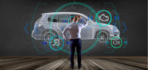 Poster - Man holding a smartcar concept 3d rendering