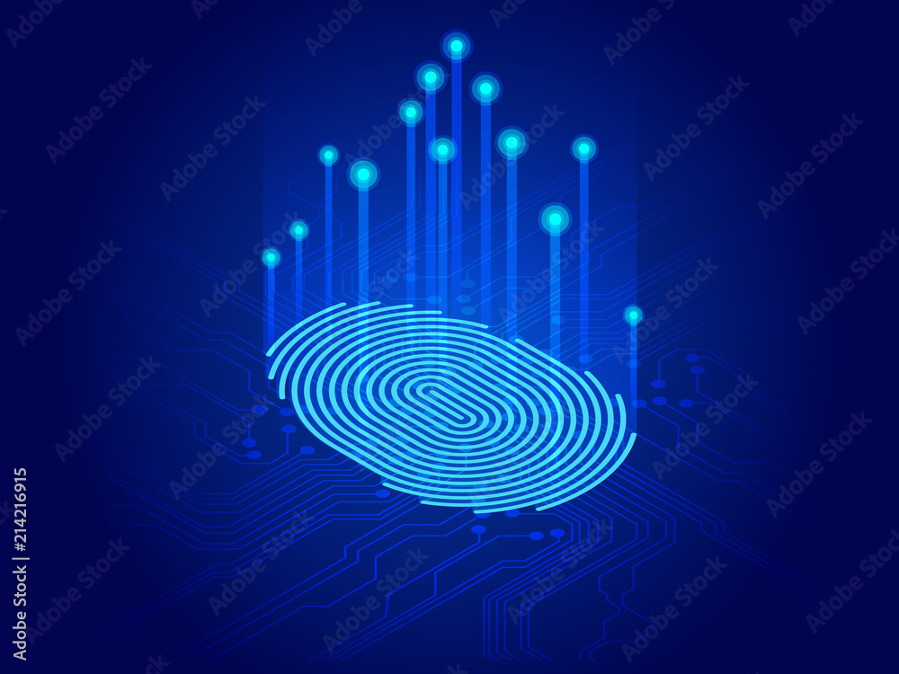 Isometric digital modern identify and measuring the bright fingerprint on the digital surface. Future of security, password control through fingerprints in immersive technology future and cybernetic - obrazy, fototapety, plakaty 