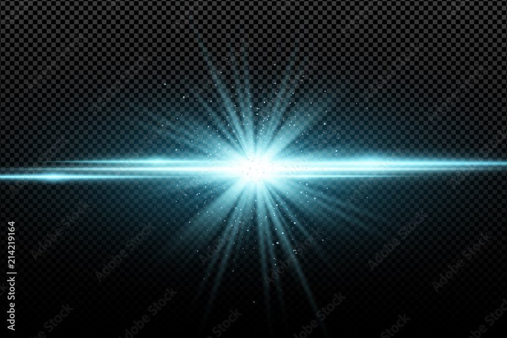 Abstract stylish light effect on a transparent background. Bright glowing star. Bright flares. Blue rays. Explosion. Vector illustration - obrazy, fototapety, plakaty 