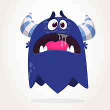 Cartoon Blue Monster. Monster Troll Illustration With Surprised Expression. Shocking Blue Gremlin Mascot Design. Vector Halloween Illustration