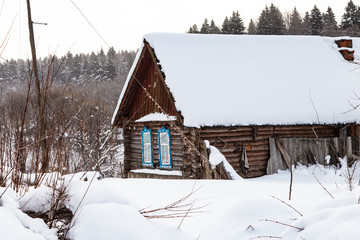 Sticker - russian rural house in overcast winter day