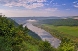 Fototapeta  - Beautiful summer landscape with morning fog over the river. Dniester Canyon, Ukraine, Europe