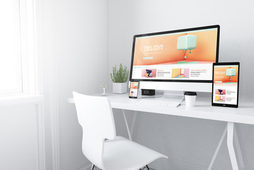 Poster - devices on white minimal workspace creativity website