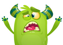 Cartoon Green Monster. Monster Illustration With Surprised Expression. Shocking Green Gremlin Or Troll Mascot Design. Vector Halloween Illustration