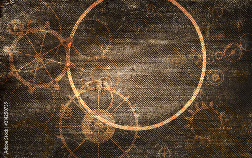 Leinwand Poster  Steampunk vintage frame background,  cogs and gears on grunge canvas paper