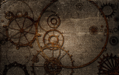 vintage steampunk background, cogs and gears on grunge old canvas paper