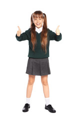 Little girl in stylish school uniform on white background