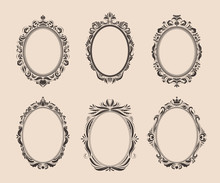 Decorative Oval Vintage Frames And Borders Set. Victorian And Baroque Style Design. Elegant Royal-style Frame Shapes With Swirls For Labels,tags And Invitations. Vector Illustration.