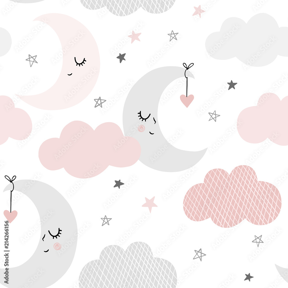 Cute sky pattern. Seamless vector design with smiling, sleeping moon ...