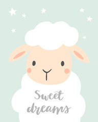 Wall Mural - Sweet Dreams. Cute sheep with stars. Girl or boy baby shower. Design for baby, kids poster, nursery wall art, card, invitaton. 