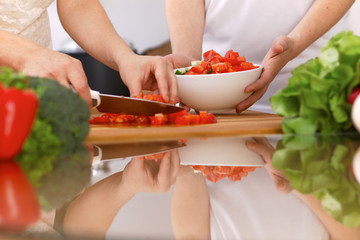 Closeup of human hands cooking in kitchen. Mother and daughter or two female friends cutting vegetables for fresh salad. Healthy meal, vegetarian food and lifestyle concepts