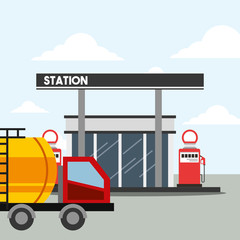 Poster - gas station pump and tanker truck transport oil industry