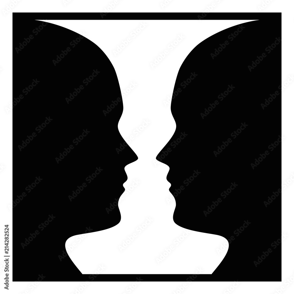 Figure-ground perception, face and vase. Figure-ground organization. Perceptual grouping. In Gestalt Psychology known as identifying a figure from background. Isolated illustration over white. Vector. - obrazy, fototapety, plakaty 