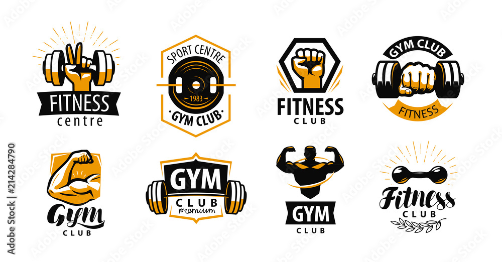 Gym, fitness logo or label. Sport, bodybuilding concept. Vector illustration - obrazy, fototapety, plakaty 