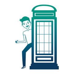 Poster - classic british telephone booth with young man