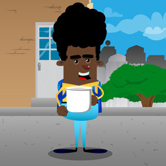 Schoolboy holding big mug. Vector cartoon character illustration.