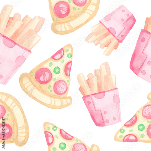 Cotton fabric Seamless watercolor pattern handmade with cartoon fast food. Pizza and French fries on a white background