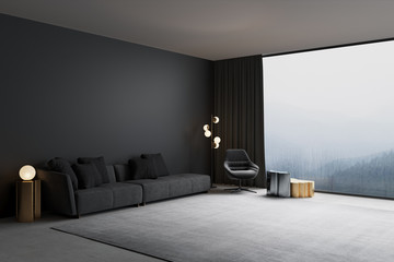 3d illustration. Modern living room with with mountain view